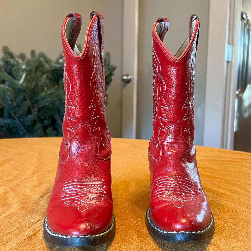 Old West Red Leather Cowboy Boots White Stitching Kids Size 1D - Picture 6 of 9
